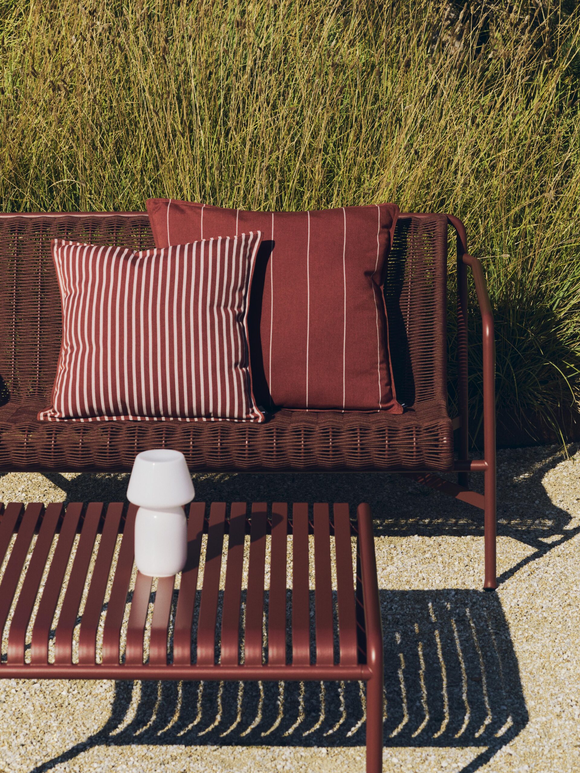 Palissade Cord Lounge Sofa_Palissade Low Table iron red_Terrazza Cushion terracotta narrow stripe_Terrazza Cushion terracotta bold stripe
